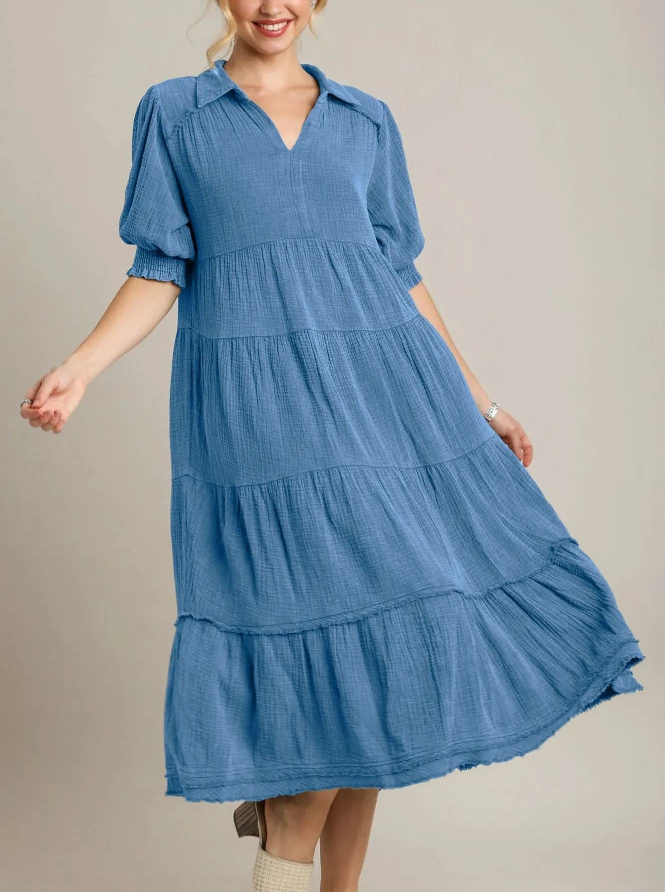 Siamara tiered maxi dress with V-neckline and raw-edged hem in a flowing silhouette