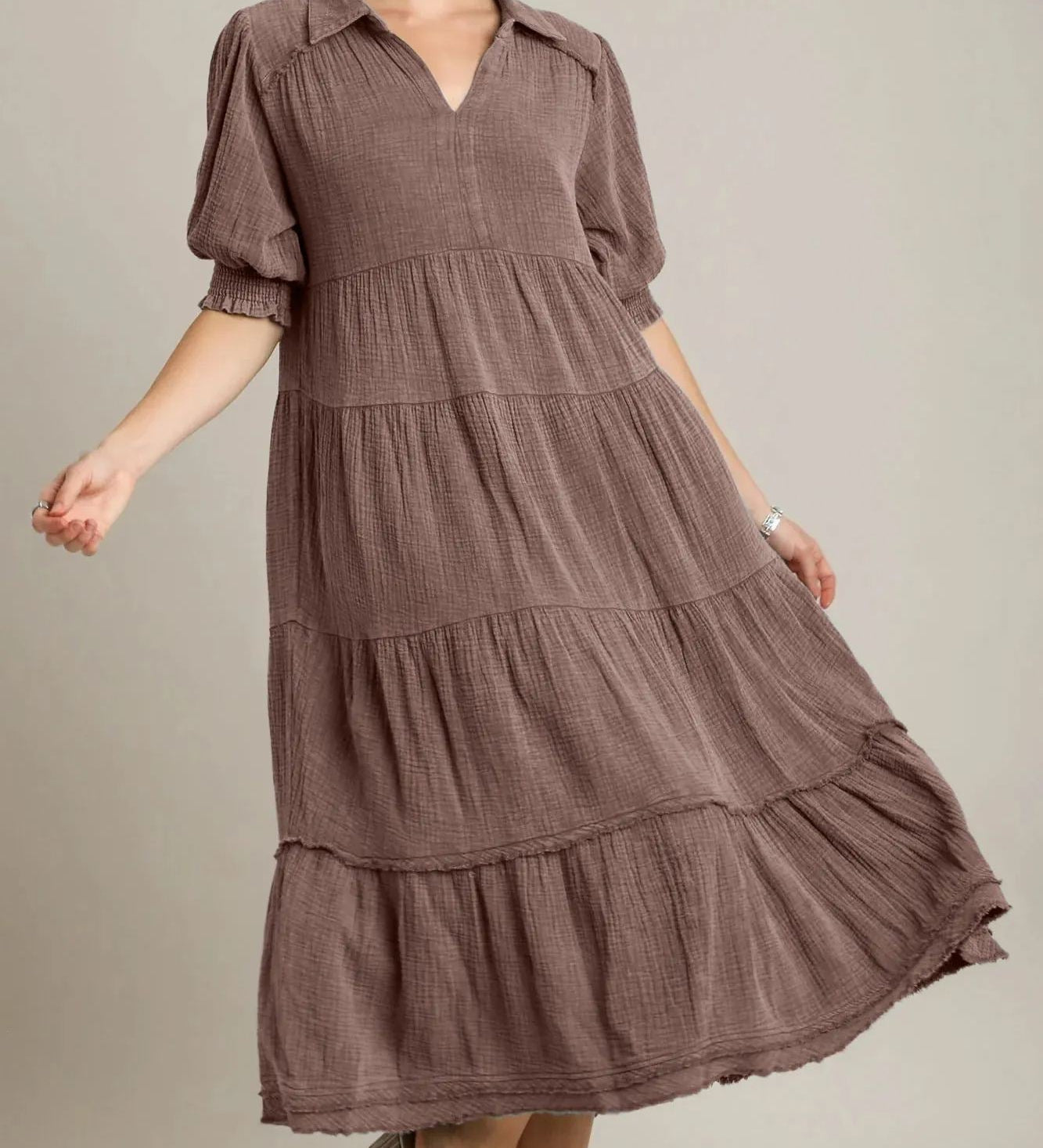 Siamara tiered maxi dress with V-neckline and raw-edged hem in a flowing silhouette