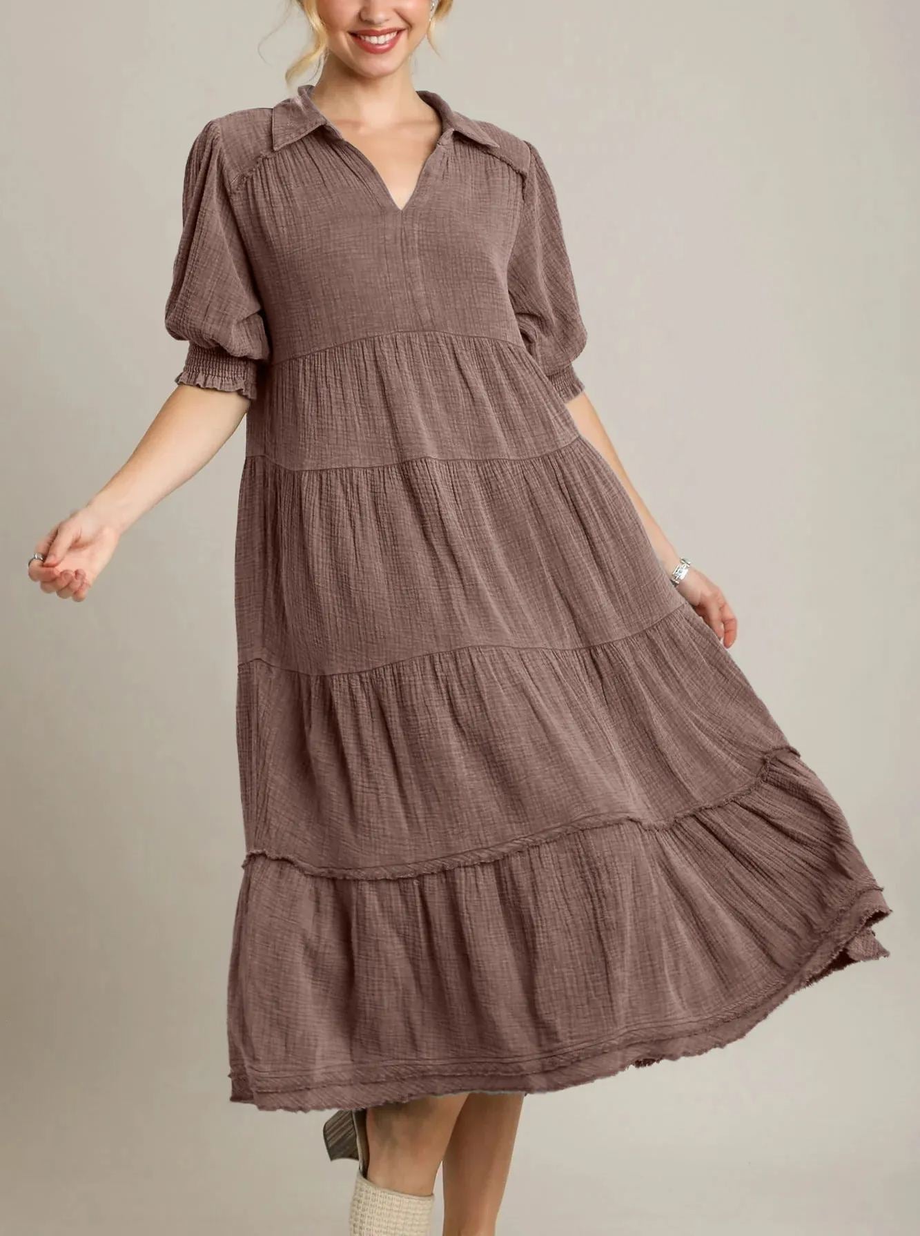 Siamara tiered maxi dress with V-neckline and raw-edged hem in a flowing silhouette