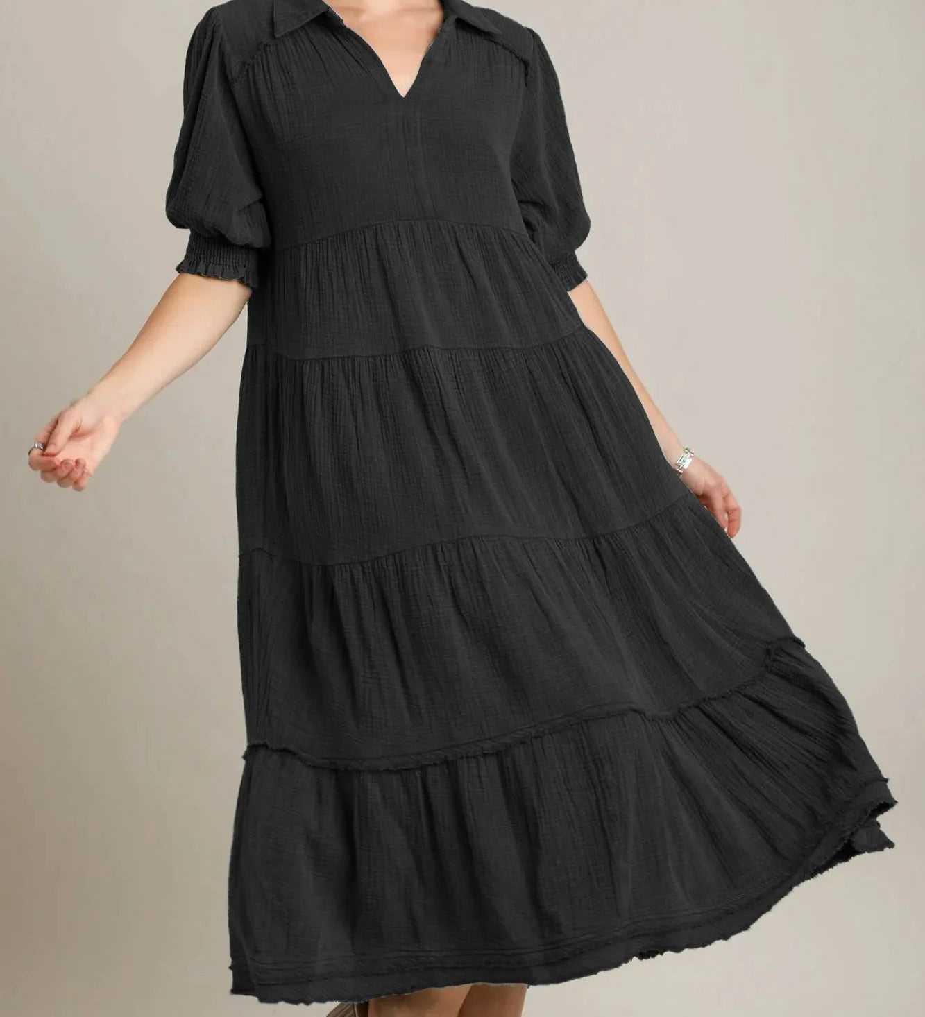 Siamara tiered maxi dress with V-neckline and raw-edged hem in a flowing silhouette