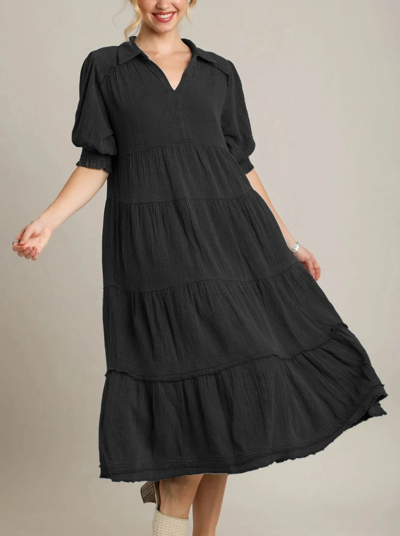 Siamara tiered maxi dress with V-neckline and raw-edged hem in a flowing silhouette