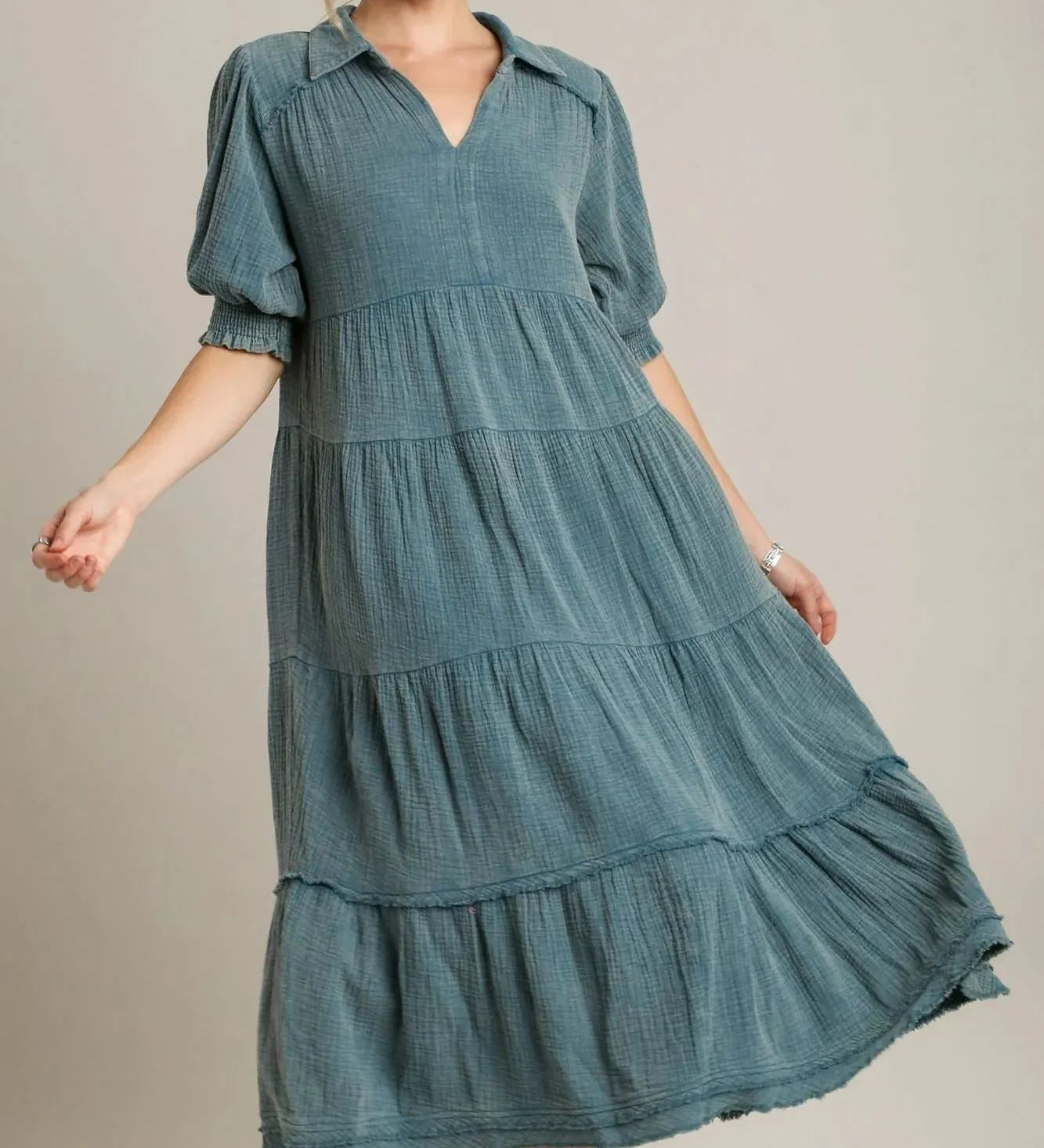 Siamara tiered maxi dress with V-neckline and raw-edged hem in a flowing silhouette