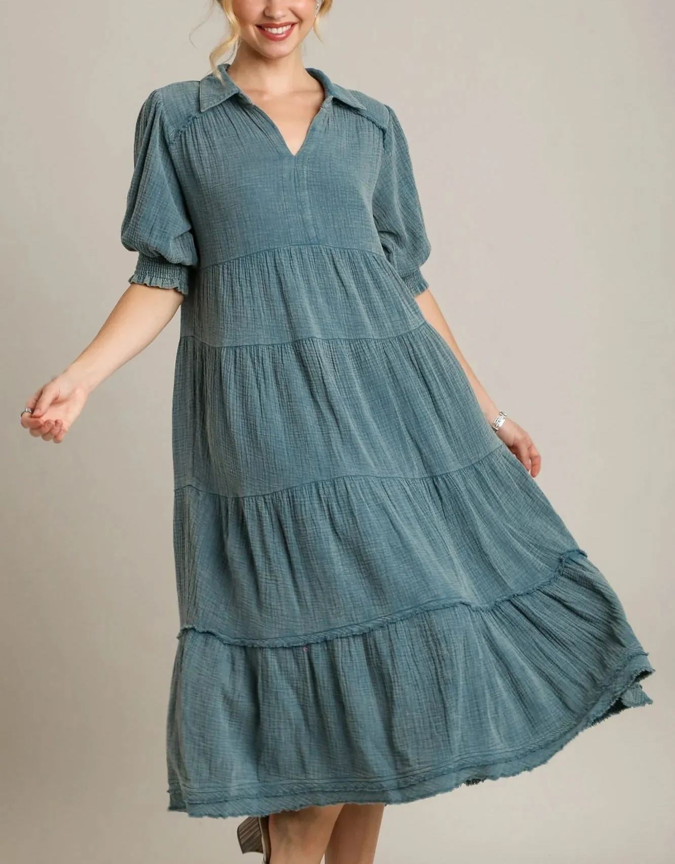 Siamara tiered maxi dress with V-neckline and raw-edged hem in a flowing silhouette