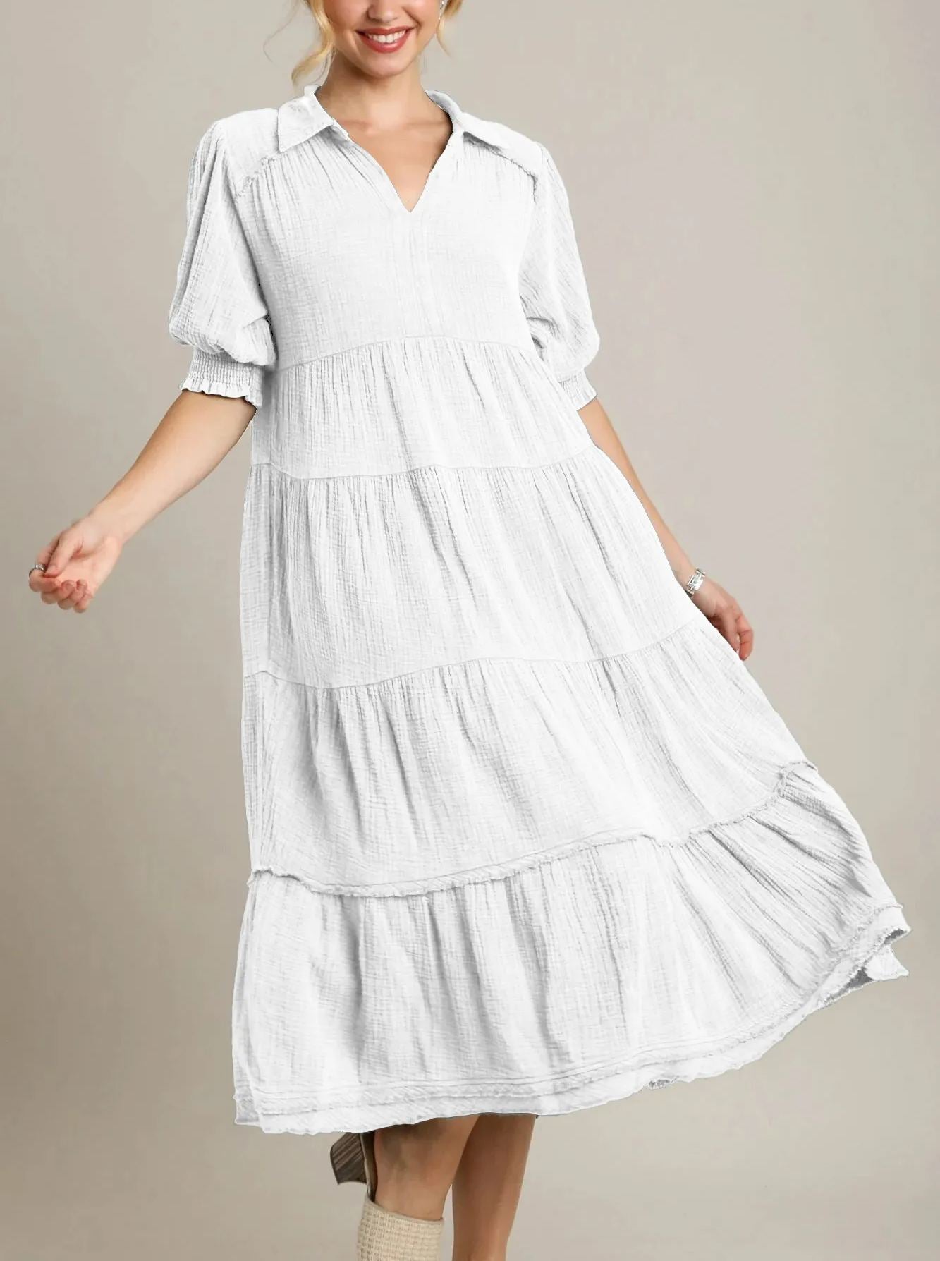 Siamara tiered maxi dress with V-neckline and raw-edged hem in a flowing silhouette