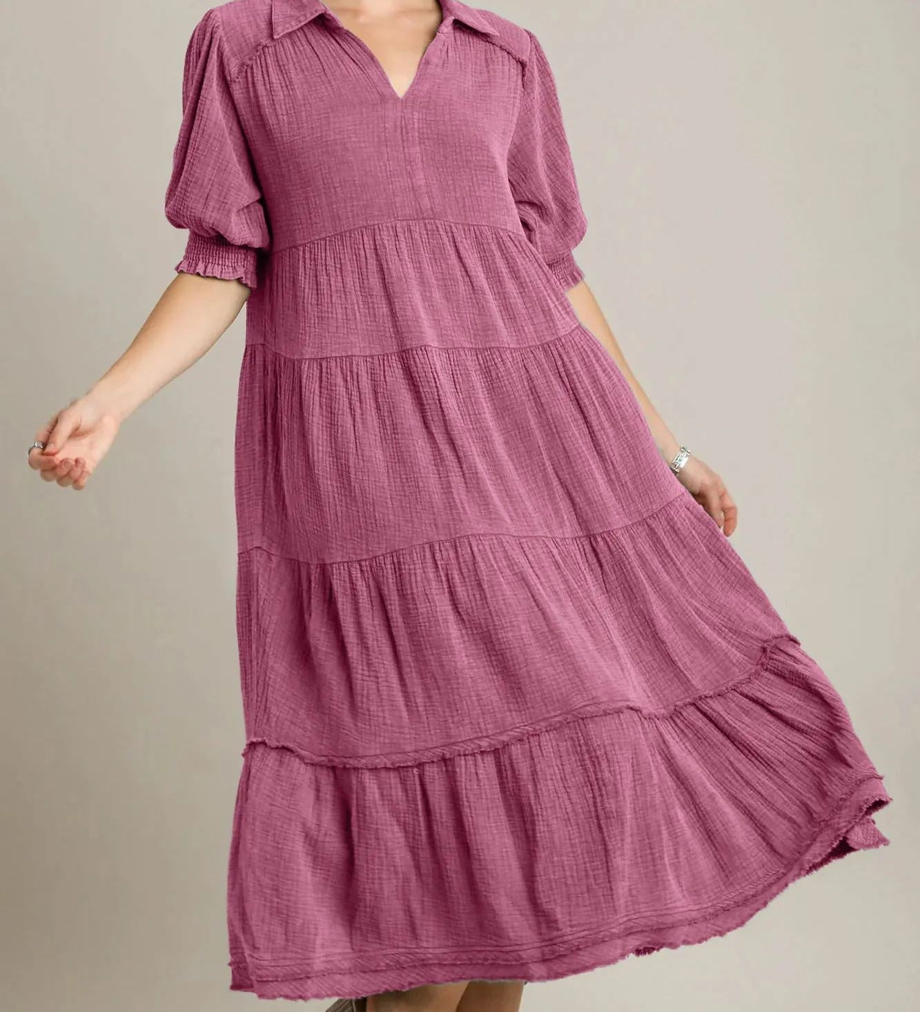 Siamara tiered maxi dress with V-neckline and raw-edged hem in a flowing silhouette