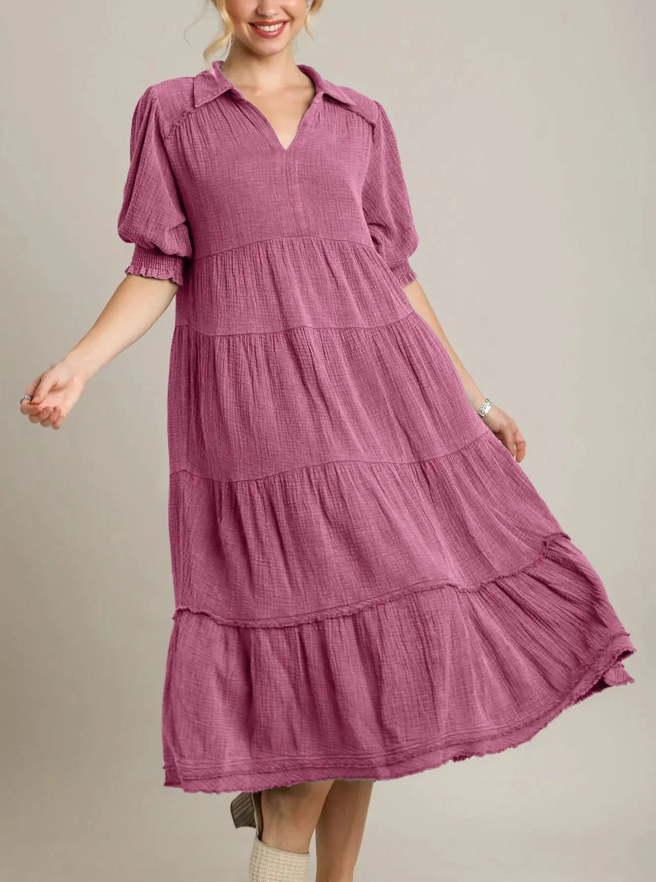 Siamara tiered maxi dress with V-neckline and raw-edged hem in a flowing silhouette