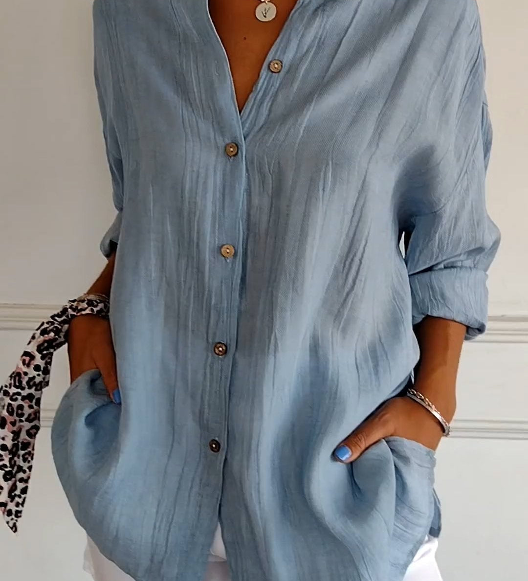 Ivy airy buttoned blouse with pleated neckline and soft flowing fit