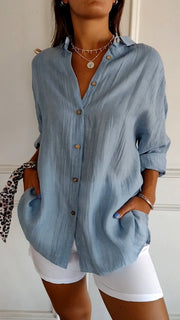 Ivy airy buttoned blouse with pleated neckline and soft flowing fit