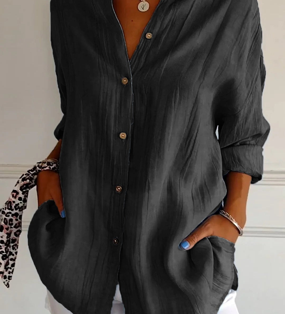 Ivy airy buttoned blouse with pleated neckline and soft flowing fit
