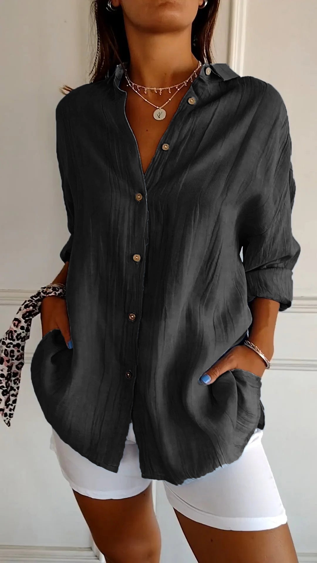 Ivy airy buttoned blouse with pleated neckline and soft flowing fit