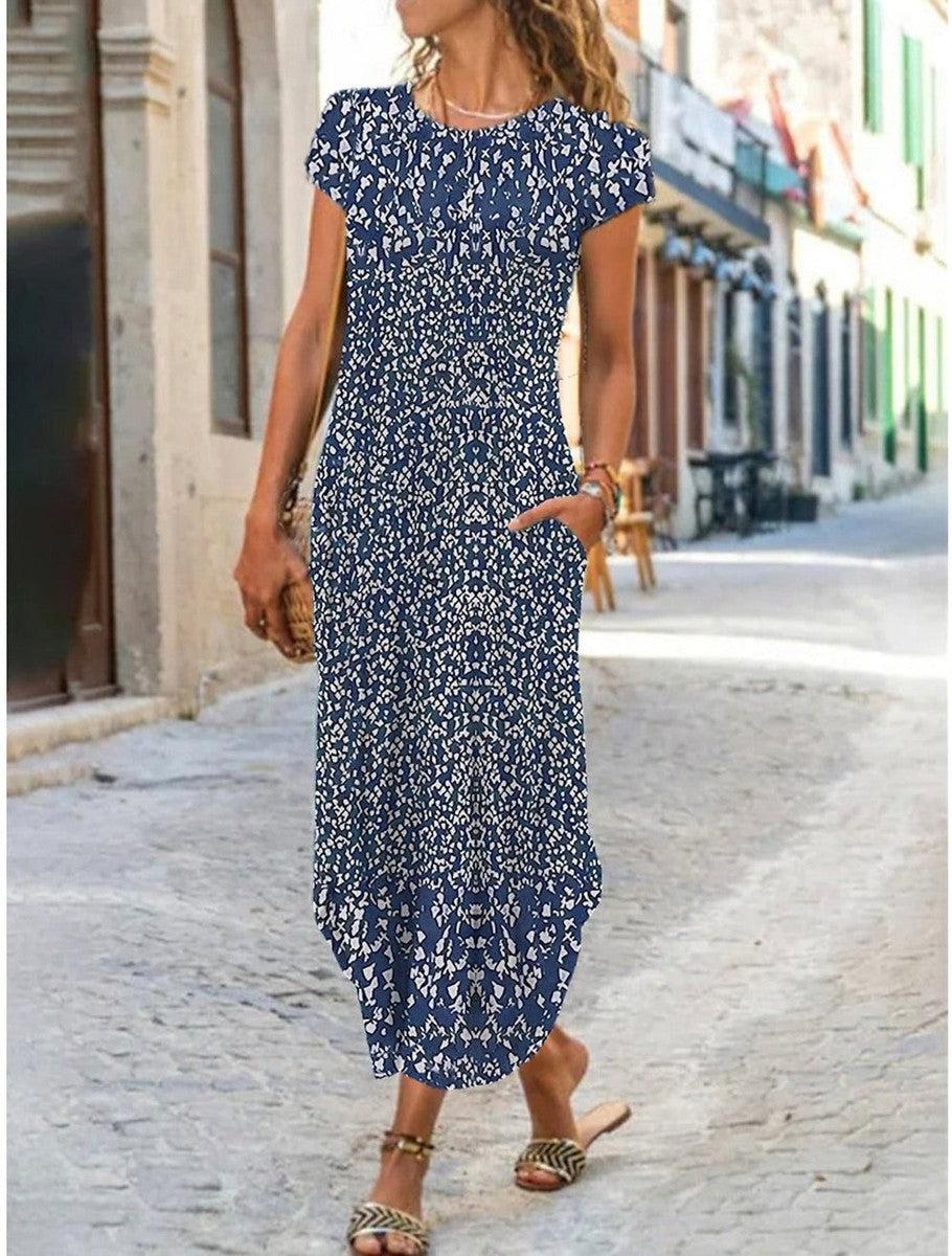 Emilia navy blue maxi dress with round neck, capped sleeves and mini print