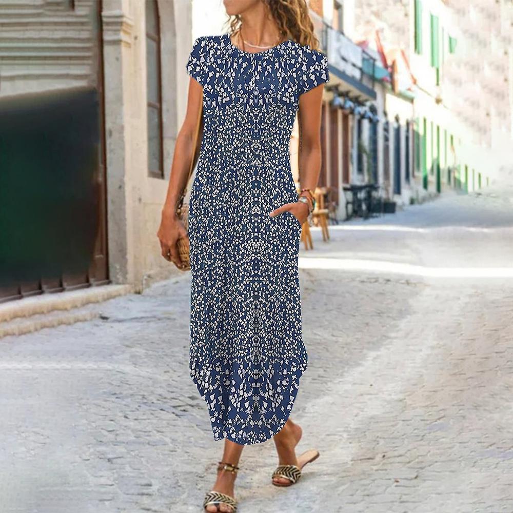 Emilia navy blue maxi dress with round neck, capped sleeves and mini print