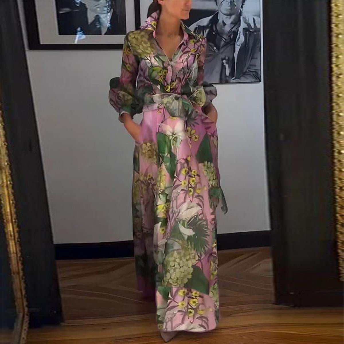 Carolina floral maxi dress with V-neck, long sleeves and flowing A-line skirt