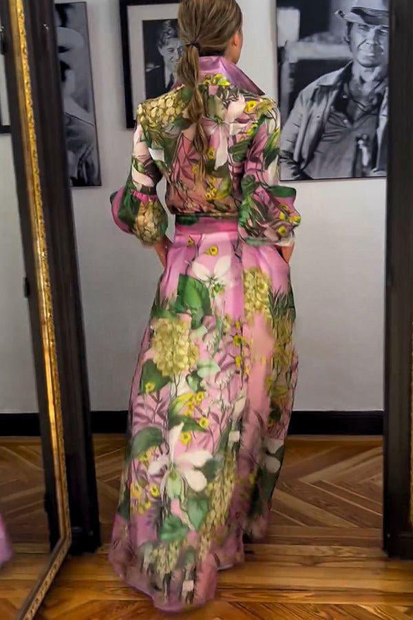 Carolina floral maxi dress with V-neck, long sleeves and flowing A-line skirt