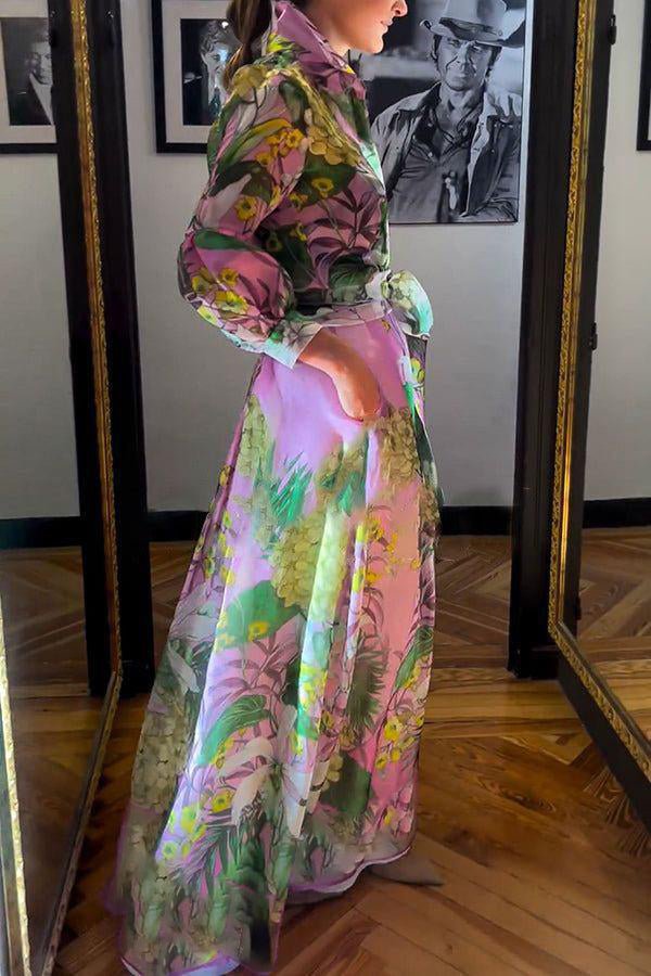Carolina floral maxi dress with V-neck, long sleeves and flowing A-line skirt