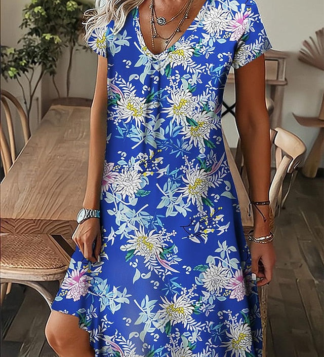 Amala Coastal Bloom floral mini dress with V-neckline and relaxed A-line silhouette
