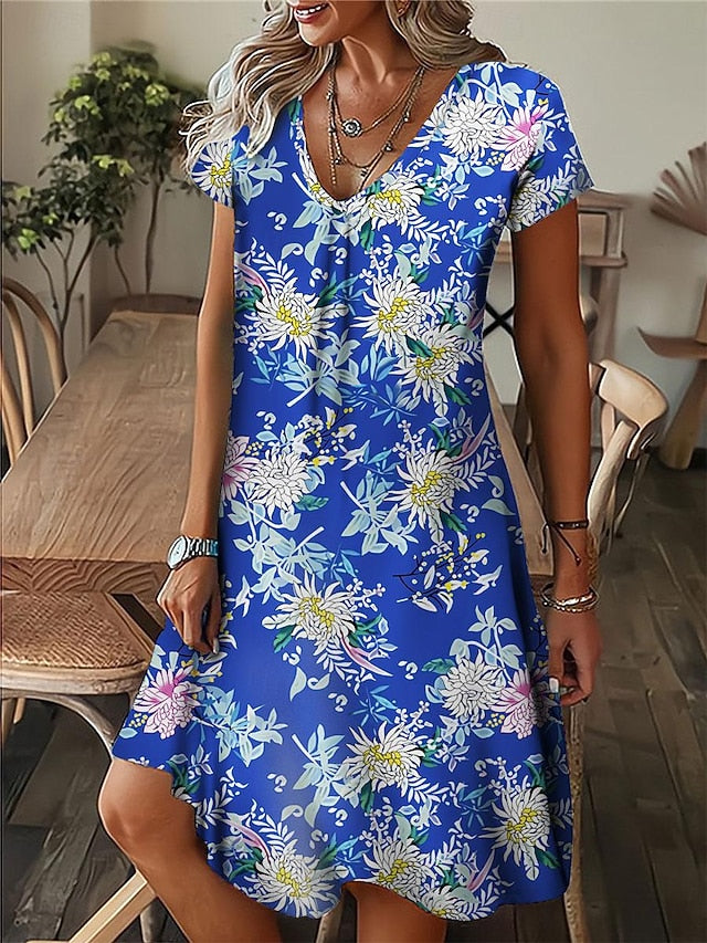 Amala Coastal Bloom floral mini dress with V-neckline and relaxed A-line silhouette