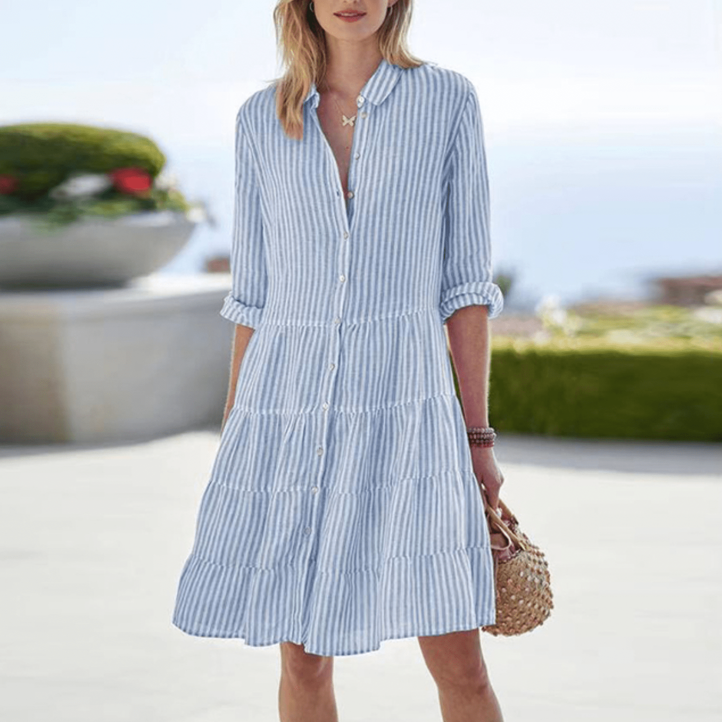 Lolita breezy striped A-line summer dress shown in a soft flowing cut