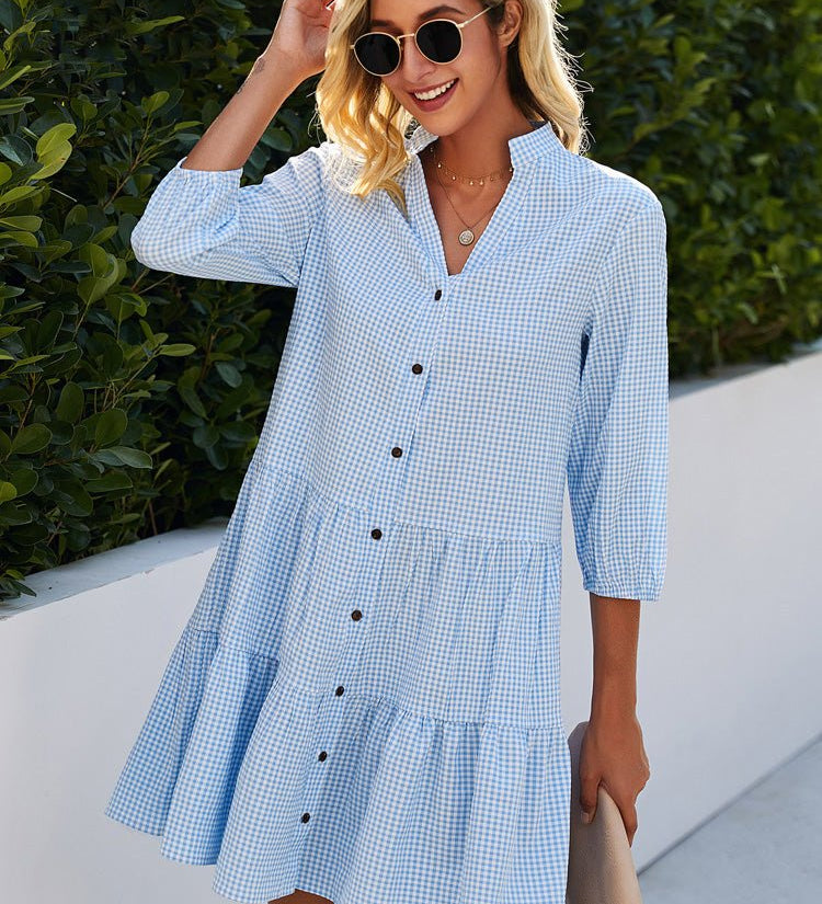 Shanna flowy day midi dress with gingham-style print, shown in blue and pink