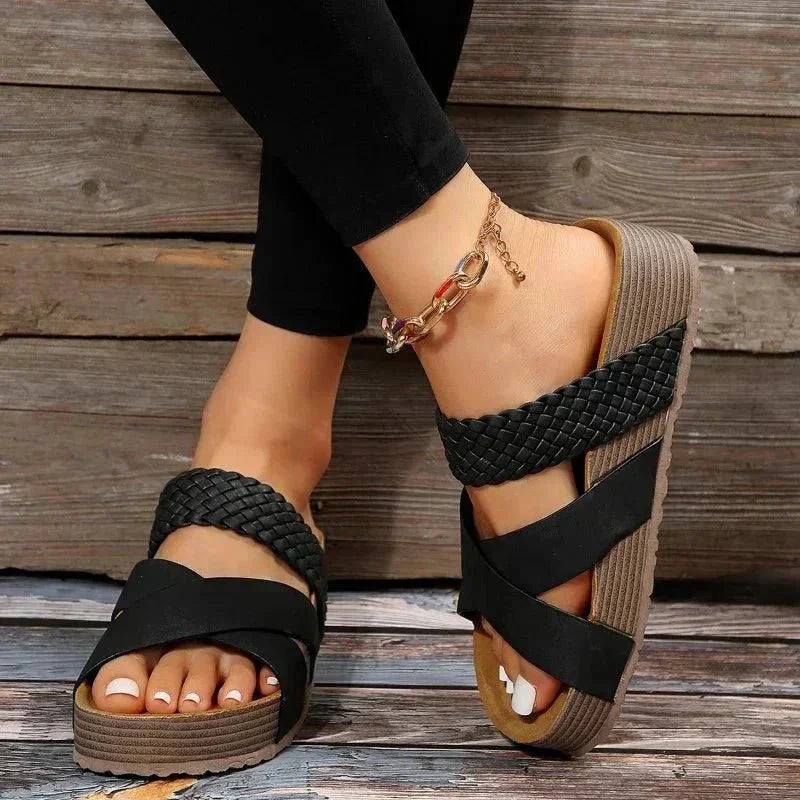 Hana comfort sandals shown in brown, white, black and snake print