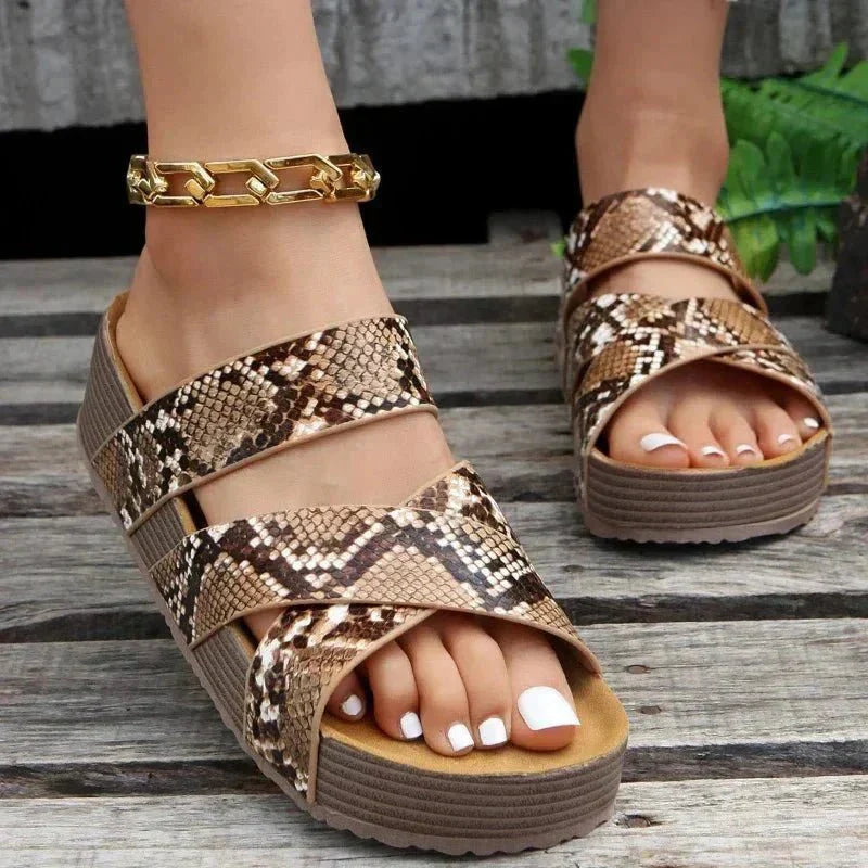 Hana comfort sandals shown in brown, white, black and snake print
