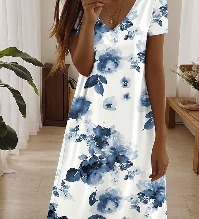 Amala Coastal Bloom floral mini dress with V-neckline and relaxed A-line silhouette