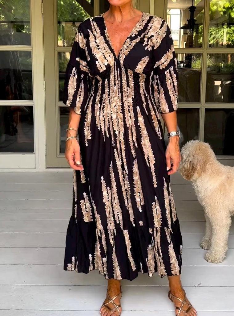 Macey black printed maxi dress with V-neckline and 3/4 sleeves
