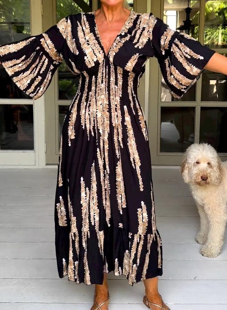 Macey black printed maxi dress with V-neckline and 3/4 sleeves