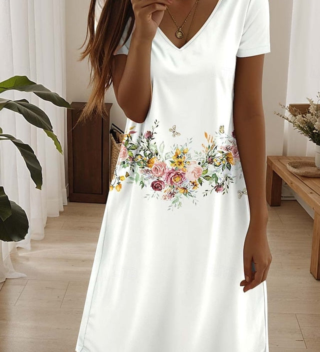 Amala Coastal Bloom floral mini dress with V-neckline and relaxed A-line silhouette