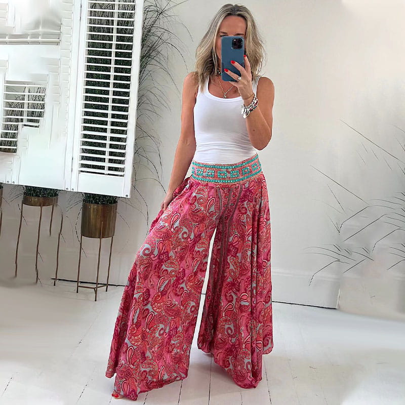 Gabrielle graceful boho wide-leg pants with paisley and floral print