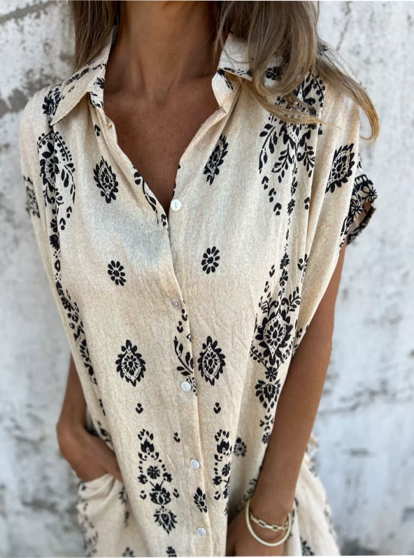 Micayla vintage boho shirt dress with floral print, soft collar and cap sleeves