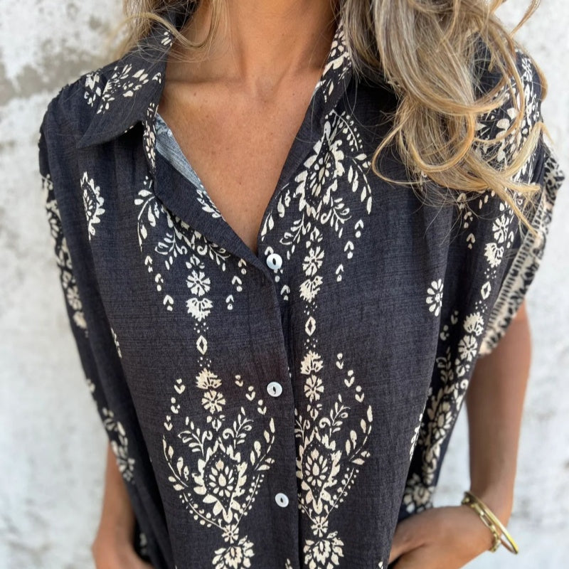 Micayla vintage boho shirt dress with floral print, soft collar and cap sleeves