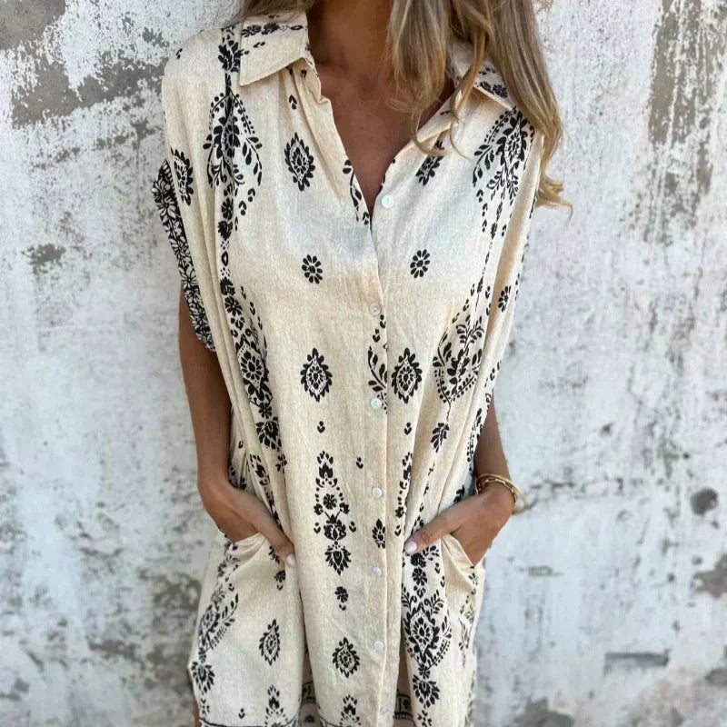 Micayla vintage boho shirt dress with floral print, soft collar and cap sleeves