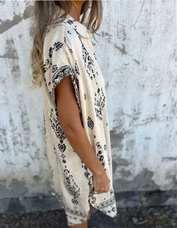 Micayla vintage boho shirt dress with floral print, soft collar and cap sleeves