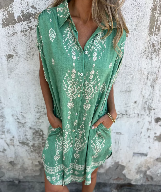 Micayla vintage boho shirt dress with floral print, soft collar and cap sleeves