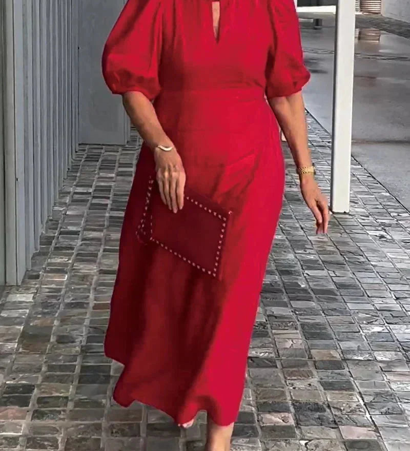 Natalia puff sleeve A-line dress in a soft cotton-linen blend, shown from the front