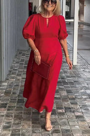 Natalia puff sleeve A-line dress in a soft cotton-linen blend, shown from the front
