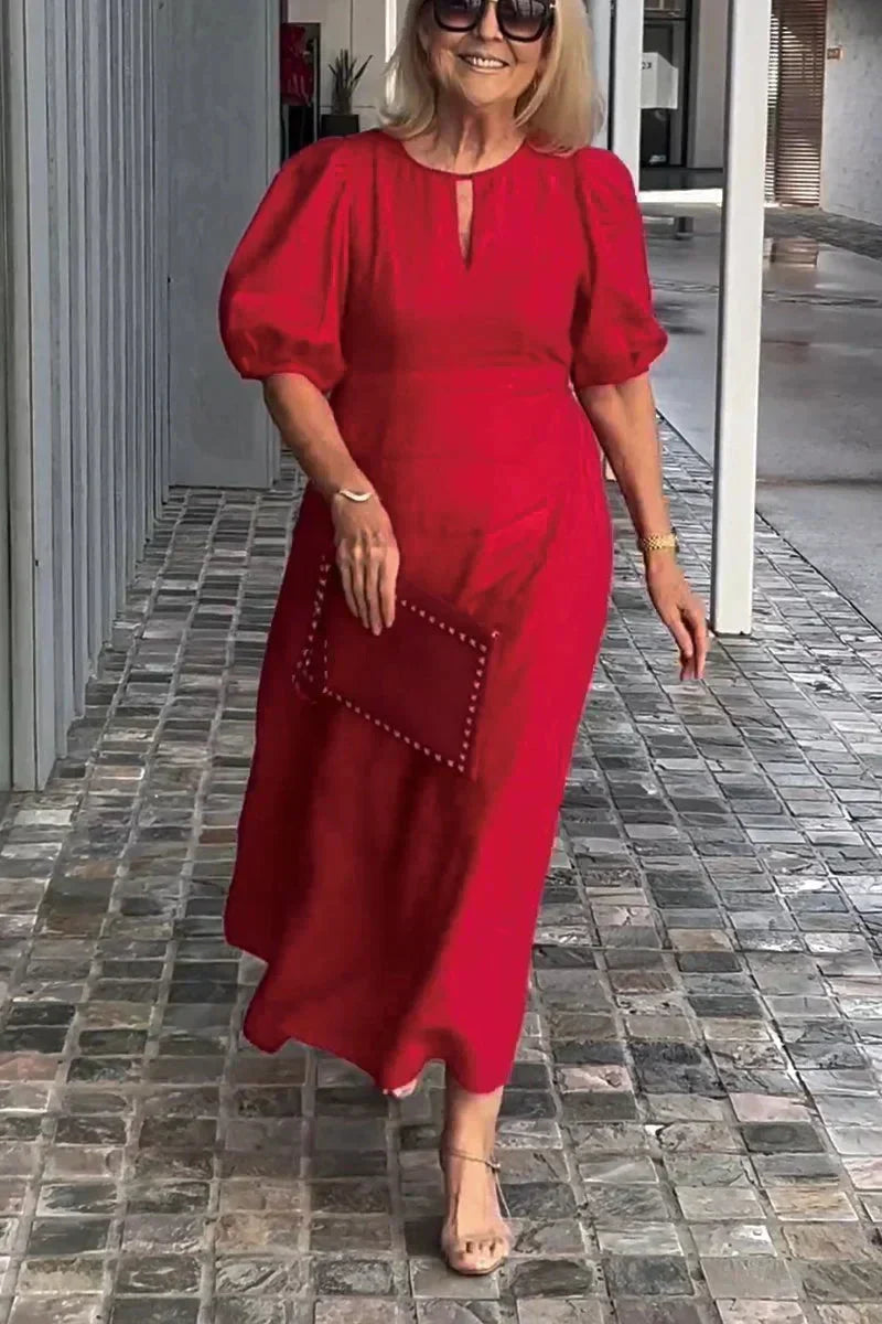 Natalia puff sleeve A-line dress in a soft cotton-linen blend, shown from the front
