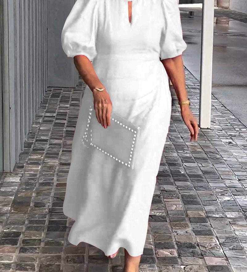 Natalia puff sleeve A-line dress in a soft cotton-linen blend, shown from the front