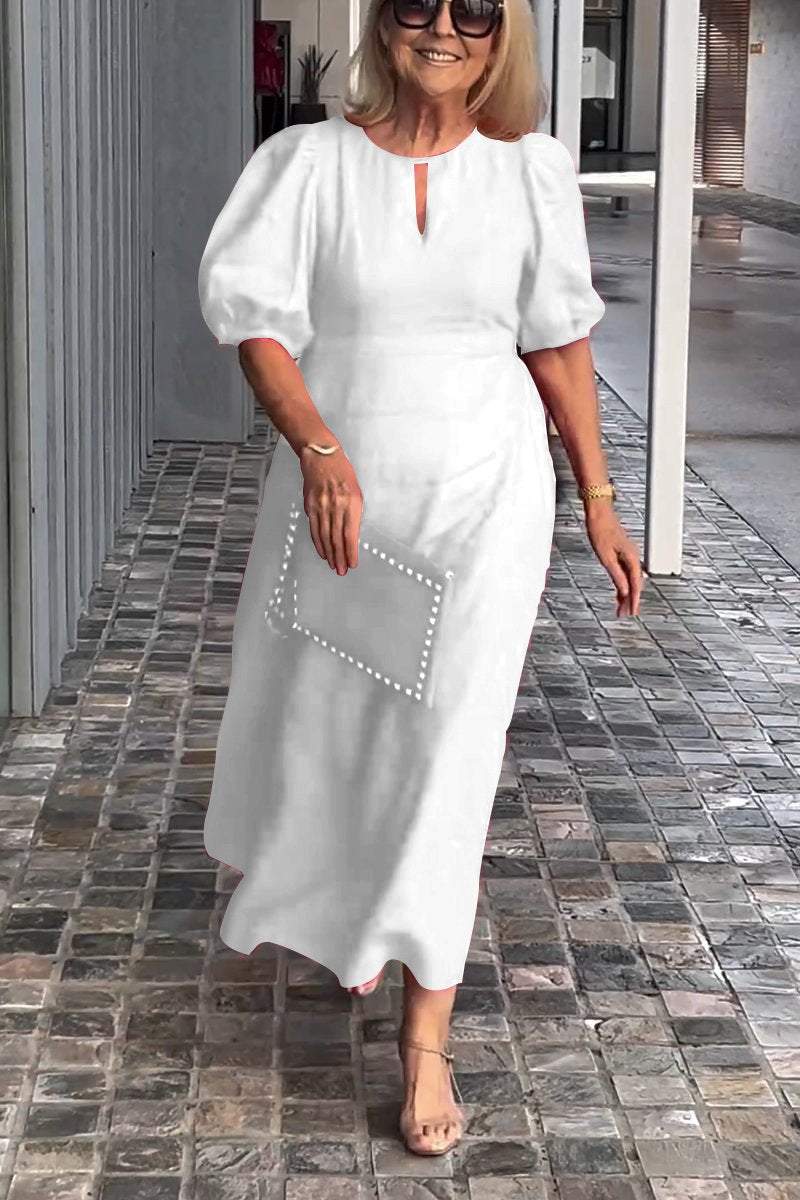 Natalia puff sleeve A-line dress in a soft cotton-linen blend, shown from the front