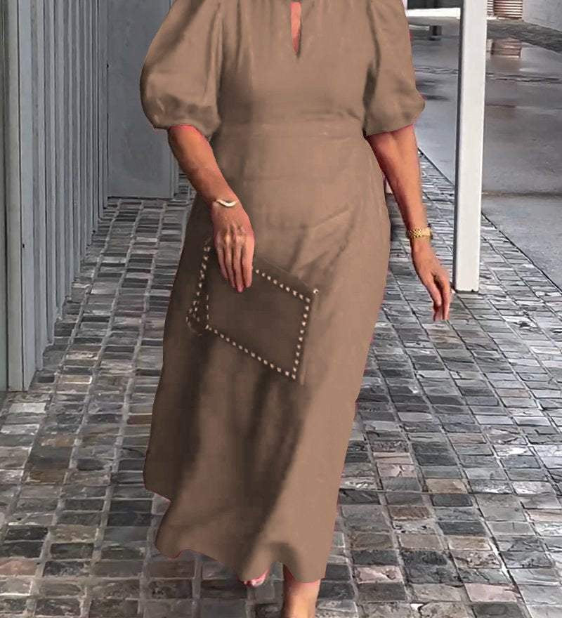 Natalia puff sleeve A-line dress in a soft cotton-linen blend, shown from the front
