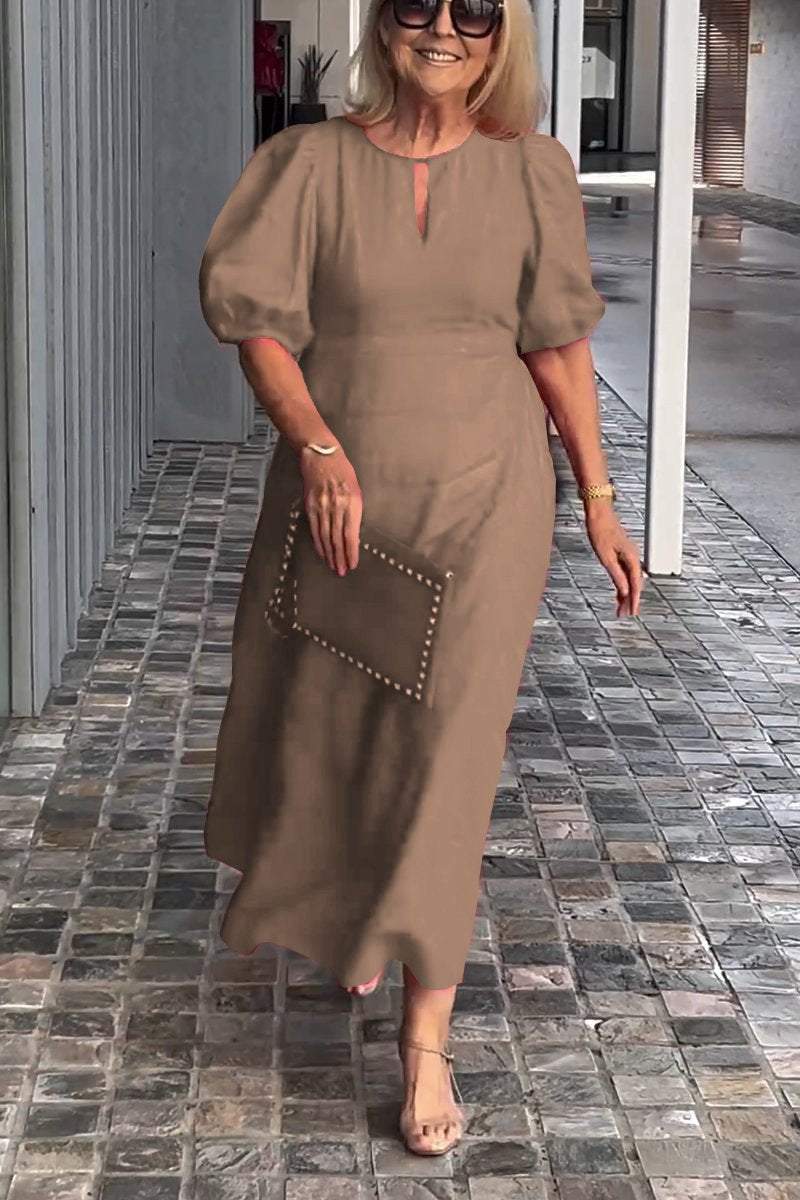 Natalia puff sleeve A-line dress in a soft cotton-linen blend, shown from the front