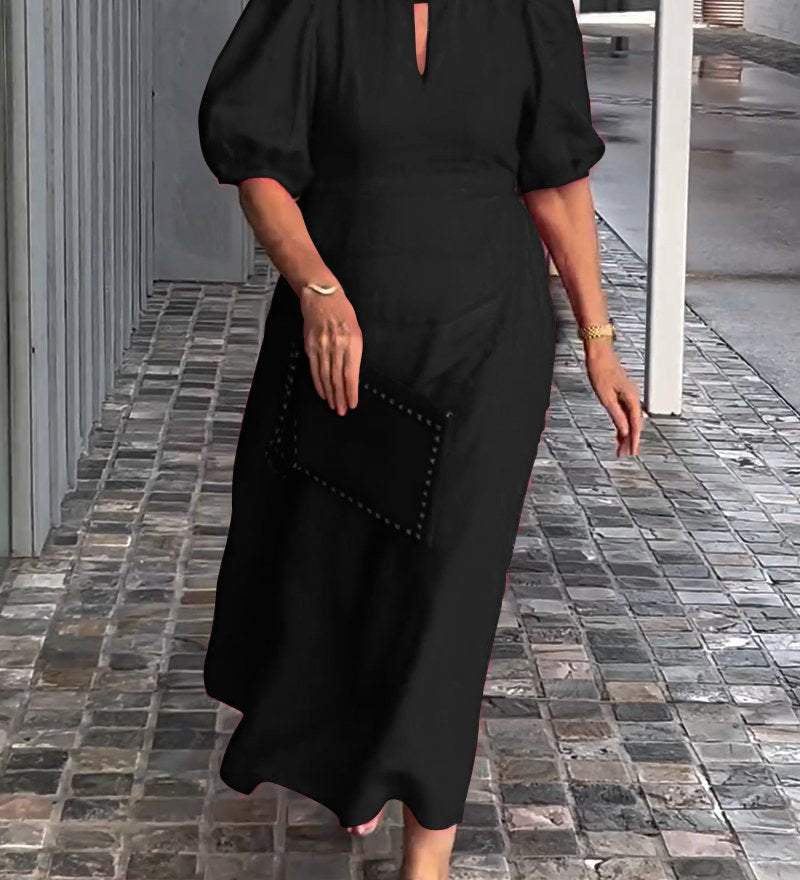 Natalia puff sleeve A-line dress in a soft cotton-linen blend, shown from the front