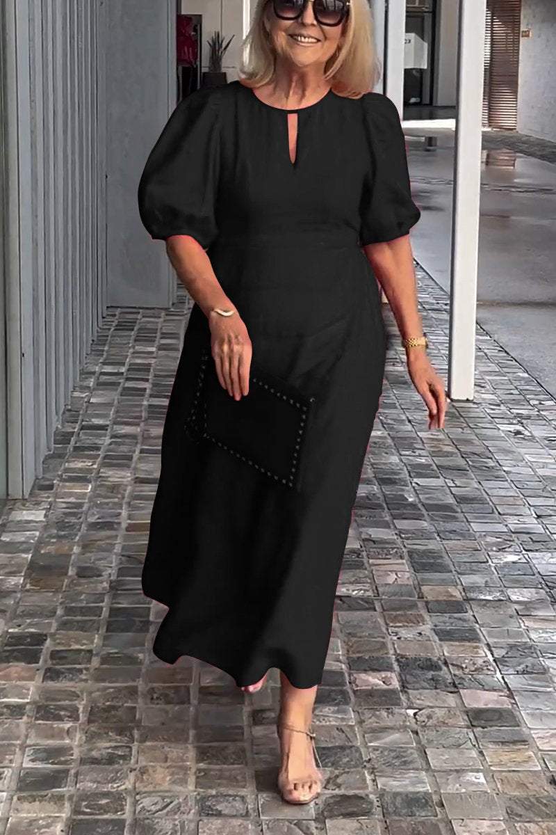 Natalia puff sleeve A-line dress in a soft cotton-linen blend, shown from the front