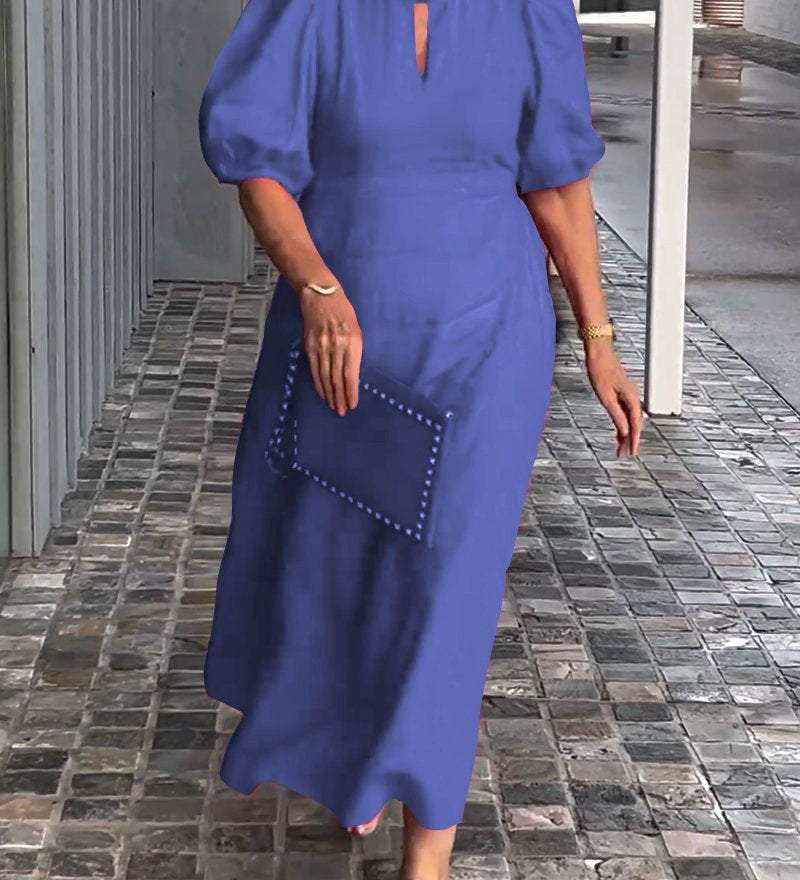 Natalia puff sleeve A-line dress in a soft cotton-linen blend, shown from the front