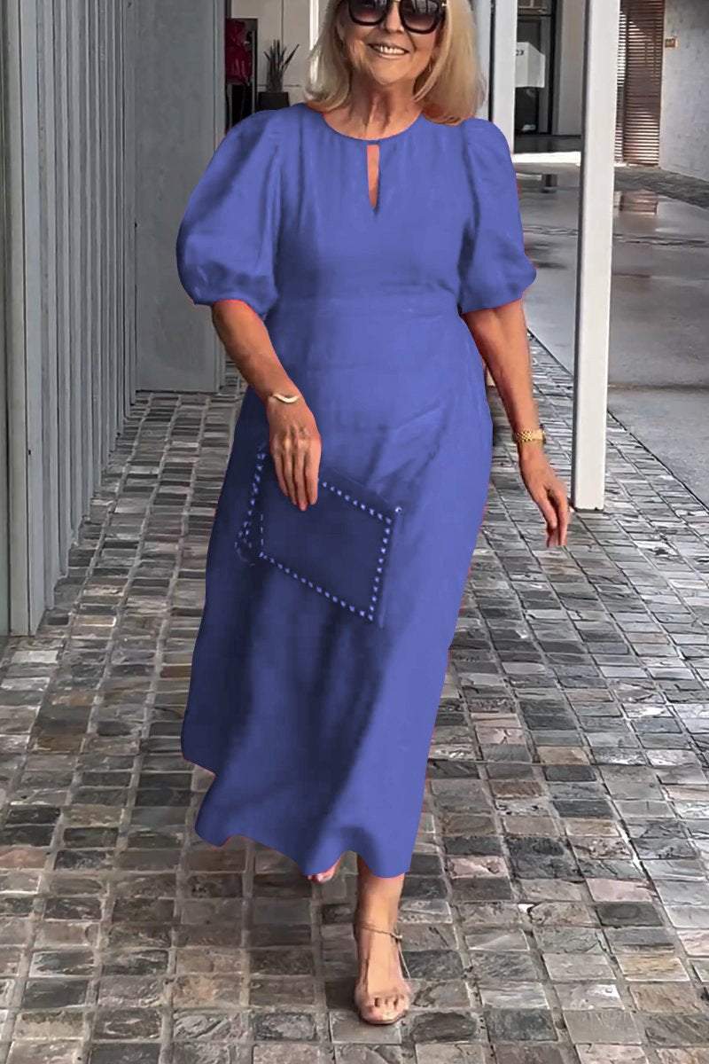 Natalia puff sleeve A-line dress in a soft cotton-linen blend, shown from the front