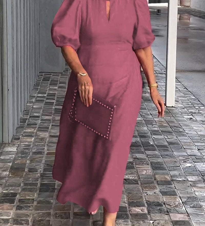 Natalia puff sleeve A-line dress in a soft cotton-linen blend, shown from the front