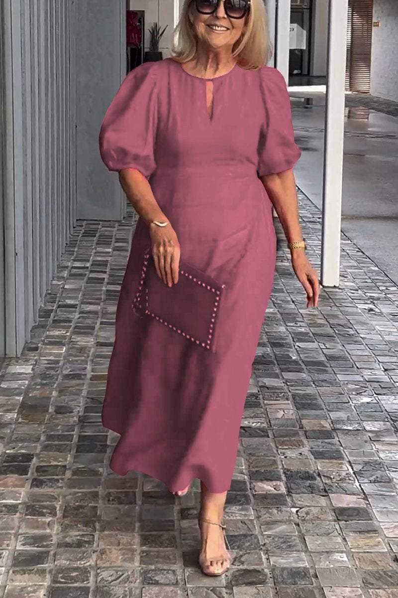 Natalia puff sleeve A-line dress in a soft cotton-linen blend, shown from the front