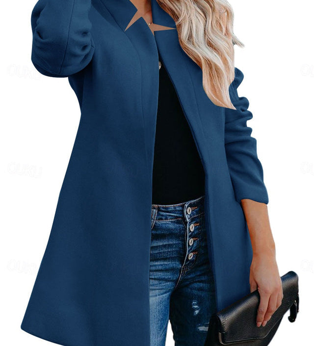 Helen longline coat with stand-up collar and structured shoulders in navy