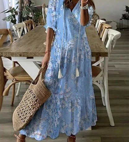 Luna effortless boho A-line dress with V-neckline, lantern sleeves and geometric print